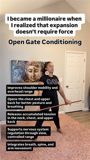 Megan Macpherson - Holistic Womb Wellness & Identity Life Coach on Instagram: "This movement improves shoulder mobility, posture, and overhead range while relieving tension that builds up in the neck, chest, and upper back from daily stress and repetitive positioning. When performed with control and breath, it restores joint function and fascia elasticity without forcing or overstretching, which is why it feels grounding instead of destabilizing. From a nervous system perspective, the steady rhy