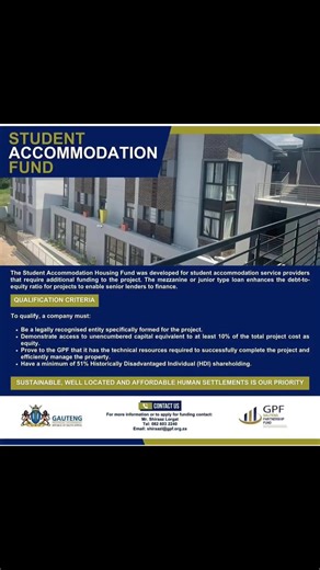 ✨ Looking to secure funding for your student accommodation development? The Student Accommodation Housing Fund, administered by the Gauteng Partnership Fund (GPF), provides the financial support you need to bring your project to life and help address the growing demand for quality student housing. 🏡📚 🔗 Learn more and apply here: gpf.org.za/ova_sev/student-accommodation-fund/ #GrowingGautengTogether