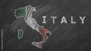 Map of Italy with name and flag inside drawn in chalk on a blackboard. Hand drawn animation. One of a large series of maps and flags of different countries. Education, travel, study abroad concept