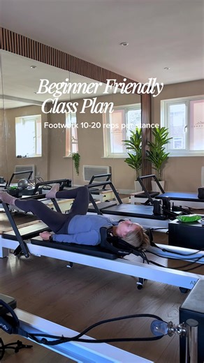 Save For Your Next Reformer Class ❣️ Beginner friendly class plan ✨ This plan uses exercises that you can layer up or down to make it accessible for everyone. SPRINGS: Footwork: 3 springs BGR 4 point hover/ Plank: 1B (beginner friendly) or 1 Y/ 0 springs Side lying: 1B Kneeling rotation: 1B - could also sit on a box if they can’t kneel Wheelbarrow: B or harder = lighter spring Hands in straps: 1R or add 1B for more strength #pilates #reformer #reformerpilates #pilatesreformer #pilatesreformer
