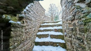 Pirita Convet Ruins in Tallinn Estonia. Historical Architecture of the Pirita Convent. Winter Time Snowy Day. St. Bridget's Convent Ruins Medieval Monastery, Slow Motion Stedycam Shot