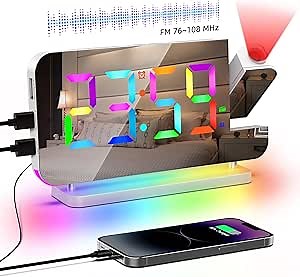 Projection Alarm Clock for Bedroom Ceiling,RGB Digital Clocks with 10 Colors RGB Night Light,Loud Alarm Clock for Heavy Sleepers,USB C Charger Port,Snooze,12/24H,Auto Dimming