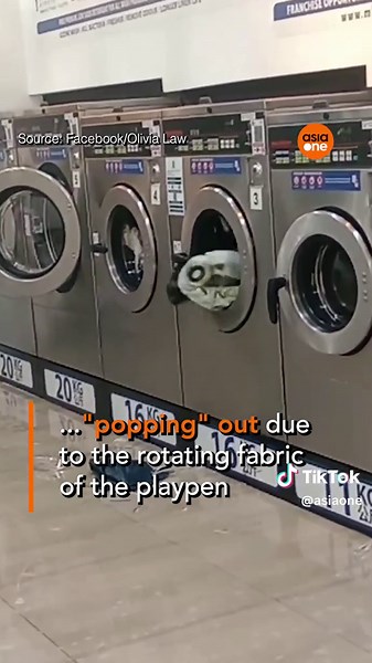 A video posted on September 10 caught a washing machine in Canberra Crescent malfunctioning, after a couple tried to wash their playpen. The spinning object caused the glass panel of the washing machine to pop off, spilling soapy water all over the floors of the laundromat.