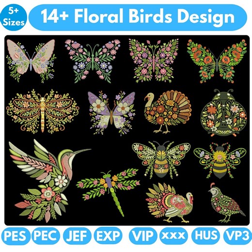 Floral Hummingbird Embroidery Design, Hummingbird Pattern, Floral Bird Embroidery for Jackets, Pillows & More, Download PES DST JEF 5 sizes - Etsy