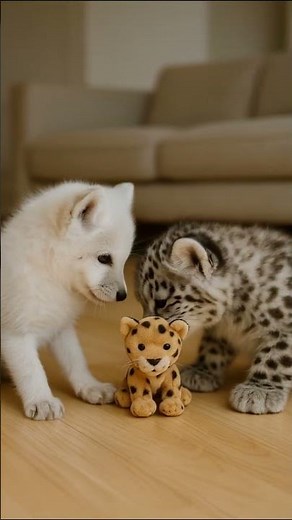 Arctic Fox Cub and Snow Leopard Cub Kiss Each Other 🦊🐆 The Cutest Polar Friendship #cuteanimals