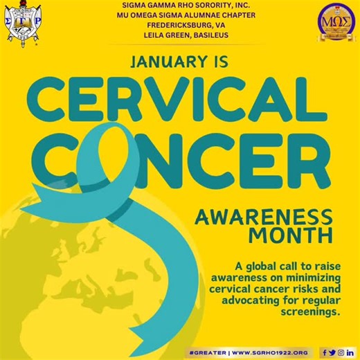 Mu Omega Sigma Alumnae Chapter on Instagram: "Stay informed and stay healthy! This January, Mu Omega Sigma is proud to support Cervical Cancer Awareness Month. 🏛️💙💛 ​We are dedicated to empowering our community through education and action. Remember: ​Prevention is key and early detection saves lives. ​ ​Let’s turn awareness into action. Schedule your screening today and encourage the women in your life to do the same. ​#CervicalCancerAwareness #MuOmegaSigma #ServiceAndSisterhood #WomensHealt
