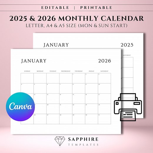 EDITABLE 2025 2026 Calendar Printable Template, Canva Monthly Calendar PDF, Minimalist Monthly Planner, Letter A4 A5 Landscape Printable - Etsy