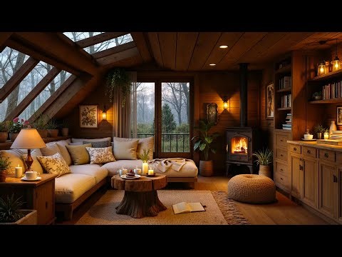 Cozy Attic Ambience on Rainy Day | Smooth Jazz, Rain Sounds & Crackling Fireplace for Relaxation
