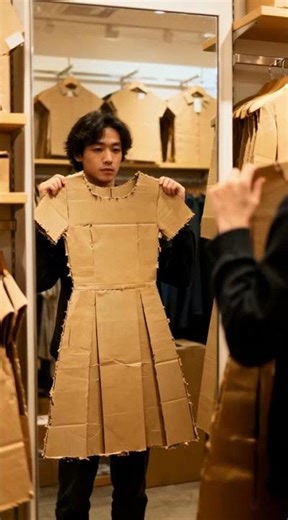 A person shopping for cardboard clothes, holding up a cardboard dress to a mirror.