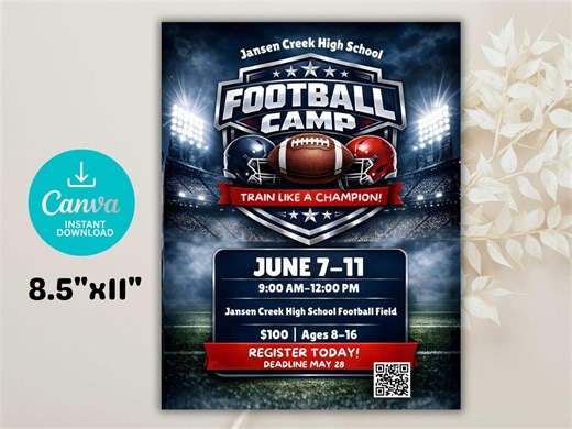 Football Camp Flyer Template | Youth Sports Poster (digital Download) - Etsy