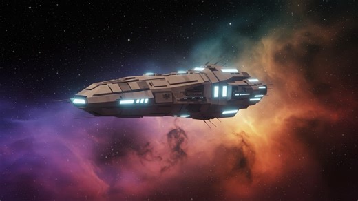 A Futuristic Spaceship Gliding Through Cosmic Nebula, Capturing the Mystique of Interstellar Travel and the Serenity of Outer Space in a Stunning Digital Art Scene | Premium Stock Video Footage