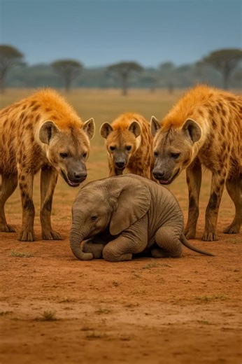 A pack of hyenas surrounded a small and helpless baby elephant, ready to attack – but you won’t believe who came to its rescue 😱😱 The baby elephant had only just learned to stand on its feet and was eagerly exploring the world. The herd was moving along its usual route, from one watering hole to another, through acacia bushes and tall grass. Leading them was an old female – the wise matriarch – while the calf’s mother stayed close to the large bull, gently touching her baby with her trunk from