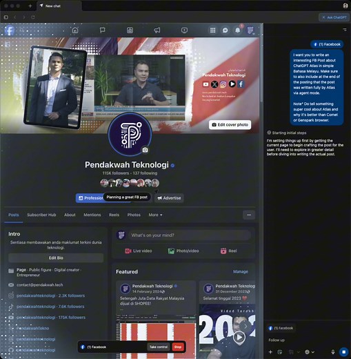 5.5K views · 68 reactions | Contoh keupayaan ciri Agent pada browser ChatGPT Atlas. Anda boleh suruh dia buat posting di FB, balas komen orang dll. Download Atlas untuk macOS di https://openai.com/index/introducing-chatgpt-atlas/ | Pendakwah Teknologi | Facebook
