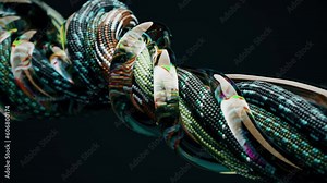 Many colored wires and ropes are intertwined into a single stream. Wires move, intertwine. Transparent rainbow color.