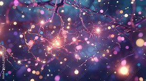 Bright 3D animation of a neural network with glowing nodes and data pathways.