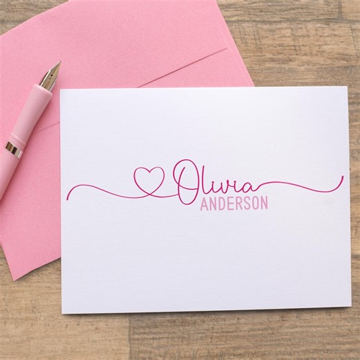 Personalized Note Cards With Name, Script Stationery Set, Custom Notecards With Envelopes, Heart Signature Folded Thank You Card Notes - Etsy