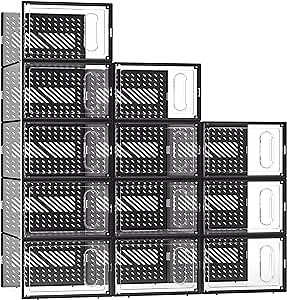 eWonLife X-Large Shoe Boxes with Magnetic Door, 12-Pack Stackable Shoes Storage Organizer for Closet, Clear Plastic Sneaker Container Shoe Rack for Size 12, Black