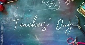 Create a heartfelt copy space background for Teachers' Day, featuring chalkboard elements, educational tools, and vibrant colors to celebrate the dedication, inspiration, and impact of teachers in sha