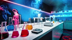Atmospheric Chemistry Lab:Organized setup with vibrant glassware beakers, flasks, test tubes filled with blue, pink, yellow,and red liquids on a white countertop alongside digital scales and lab tools