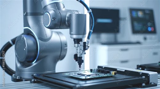Precise robotic arm assembling a computer circuit board in a futuristic high-tech manufacturing laboratory
