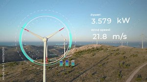 Windmill generator with HUD data display and infographic of power and wind speed