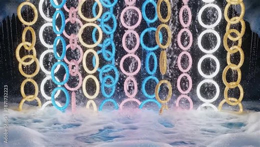 Vibrant rings hang in vertical strands above foamy water inside a dark cavern, a surreal color show