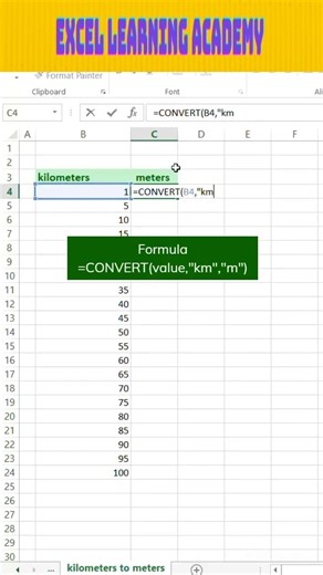 kilometers to meters in excel