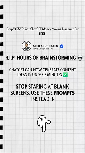 𝗗𝗢𝗡'𝗧 𝗙𝗢𝗥𝗚𝗘𝗧 𝗧𝗢 𝗦𝗔𝗩𝗘𝗗 𝗧𝗛𝗜𝗦:↓ R.I.P. HOURS OF BRAINSTORMING 💀 ChatGPT can now generate content ideas in under 2 minutes. Stop staring at blank screens. Use these prompts instead 👇🏼 PROMPT 1: The Endless Ideas Generator "Generate 20 content ideas about [your niche] that would resonate with [target audience]. Focus on their pain points, desires, and frequently asked questions." PROMPT 2: The Trend Jacker "What are the current trending topics in [your industry]? Give me 10 co