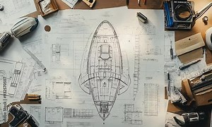Spaceship Blueprint on Designer’s Desk with Tools with ai generated.