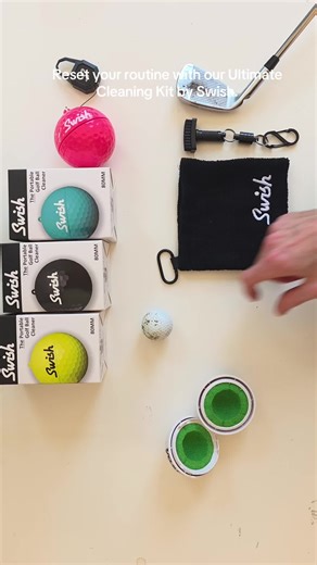 Swish Ultimate Cleaning Bundle Keep your gear and ball clean on every shot with this all-in-one cleaning setup. The Swish Portable Golf Ball Cleaner delivers fast, effective ball cleaning anywhere on the course, while the Mini Magnetic Club Brush keeps your clubs spotless with its quick-release magnet and durable bristles. Compact, lightweight, and easy to attach to your bag, this bundle gives you everything you need for better contact, improved spin, and more consistent performance—without the 