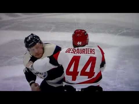 NHL Hockey fight - Mathieu Olivier(Blue Jackets)vs. Nicolas Deslauriers(Hurricanes)