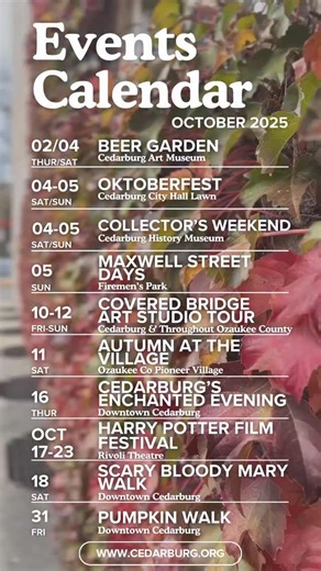 25 reactions | Check out what’s coming up in October for Cedarburg!  #ExperienceCedarburg #Cedarburg #Wisconsin #TravelWI #VisitMilwaukee #Milwaukee #ozaukeecounty #Doorcounty #Midwest #travel #events #octoberevents #eventscalendar #october | Experience Cedarburg | Facebook
