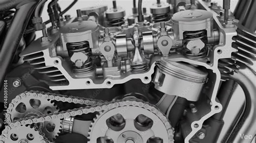 Detailed cross-section view of a motorcycle engine's internal components, showcasing pistons, valves, and timing chain.