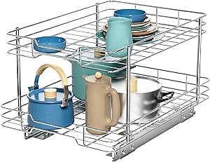 2 Tier Pull-out Cabinet Organizer, 17" W x 21" D Kitchen Under Sink Organizer, Slide Out Home Spice Rack Storage for Pots and Cans, Drawer Pantry Shelf Organization for Bathroom Base, Chrome