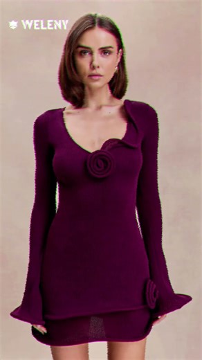 Long Sleeve Rosette Crochet Ruffled Knit Mini Dress