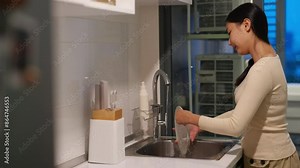 Happy Asian woman do housework washing dishes in the sink after dinner in the kitchen at apartment. Attractive girl using dishwashing liquid and sponge cleaning kitchenware at home kitchen in evening.