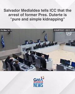Salvador Medialdea, the former Executive Secretary and a member of former President Rodrigo Duterte's counsel, said Duterte’s arrest is a “pure and simple kidnapping.” "He was summarily transported to The Hague. To lawyers it’s extrajudicial rendition. For less legal minds it’s pure and simple kidnapping," Medialdea said. The former executive secretary also requested that former President Duterte's appearance be moved to next week so that he could inform the latter of the cases against him, but 