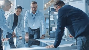 Team Meeting of Renewable Energy Engineers Working on an Innovative More Efficient Solar Panel Battery Concept. Group of Specialists Gathered Around Table, Solving Problems. Bright Research Facility