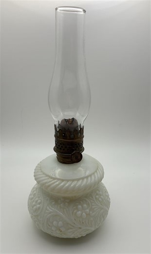 Vintage Milk Glass Miniature Oil Lamp | Embossed Floral Eagle Burner, Clear Chimney - Etsy