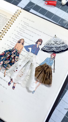 Finished another page in my typography art journal! I used vintage patterns and added skirts and an umbrella using some vintage fabric scraps. I’ve linked some of the supplies available in the shop so you can create a similar look. #papercrafting #collageart #junkjournaling #artjournal #junkjournal #assemblage #fodder #vintageephemera #vintagepatterns #artjournalideas | A House of Books