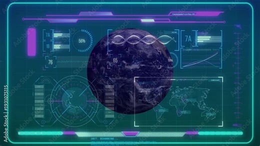 HUD pulse expanding icon into 3D Earth, globe rotating while telemetry updating for monitoring