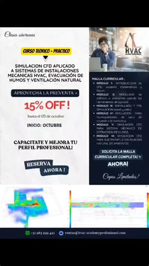 HVAC Academy Professional on Instagram: "🎓 Mira cómo es una clase real del curso de Simulación CFD aplicada a HVAC (en versión acelerada ⏩). 📚 Aprende a usar PyroSim desde cero y domina la simulación de humos, ventilación y evacuación. 📝 Inscríbete hoy y asegura tu descuento especial 🔥 #cfd #ingenieria #hvac #pyrosim #cursosonline #arquitectura"
