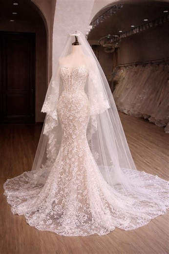 Sexy Mermaid Lace Wedding Dress, Nude Illusion Bridal Gown, Floral Lace Corset Wedding Dress, Fitted Lace Bridal Dress - Etsy