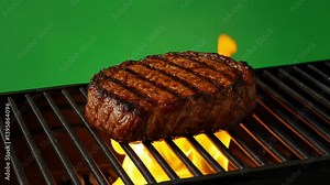 Juicy grilled steak on flaming BBQ with green screen background for cooking and food concepts