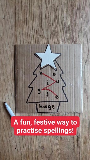 Christmas Tree Phonics Day 3 - Star Speller Trees 🎄 Decorate the Christmas tree Phonics style! A fun, festive way to practise spellings. It could be tricky words, high frequency words or any spellings sent home from School. Draw a tree outline and cover it in parcel so that it becomes wipeable and reusable. Write a spelling in the star and then the letters to spell that word down the tree; include some decoy letters too. At the bottom of the tree there is a bucket outline to provide a space for