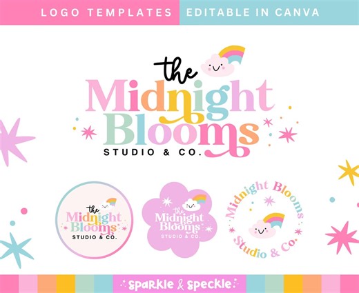 Logo Template: Editable Retro Rainbow Logo Kit, Canva DIY Colorful Branding - Sparkle & Speckle - Etsy