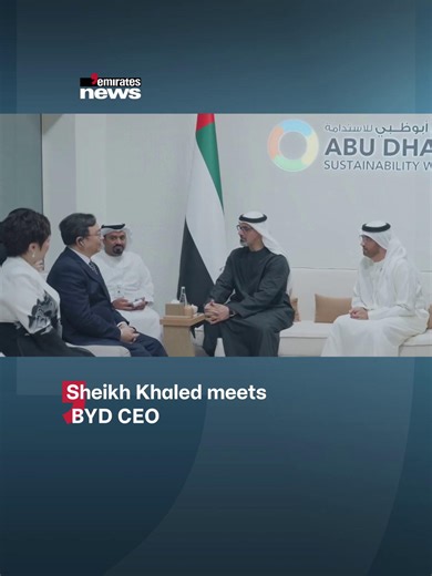 On the sidelines of Abu Dhabi Sustainability Week, His Highness Sheikh Khaled bin Mohamed bin Zayed Al Nahyan met with Wang Chuanfu, Chairman, CEO, and Co-Founder of BYD, to discuss advancing the electric and hybrid vehicle manufacturing sector and accelerating the transition toward sustainable mobility solutions, in line with the UAE’s Net Zero by 2050 strategy. #EmiratesNews #DubaiOneTv #UAE #Dubai #News YunusSaif | Emirates News