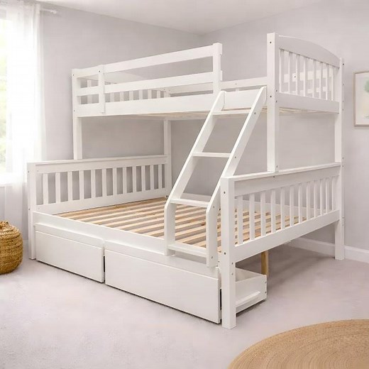 Miki Solid Hardwood Single Over Double Bunk Bed White #BunkBed #WhiteBunkBed #DoubleBunkBed
