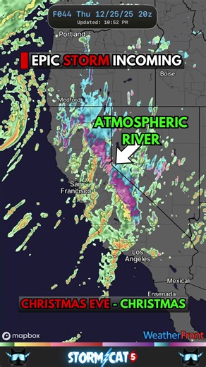 ⚠️ An EPIC 48 hours are ahead for California as a powerful, 3 PRONGED storm delivers Catastrophic Flooding, extreme Mountain Snow, and widespread Damaging Winds. 🎅This event begins Christmas Eve, with the first storm moving onshore, followed by a second major system on Christmas Day. 🌧️ The biggest threat is flooding. Parts of Southern California, especially around Los Angeles, could see 10 inches or more of rain in a very short time. The National Weather Service has issued a HIGH RISK of exce