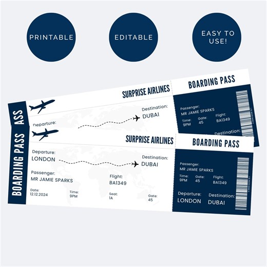 Editable Boarding Pass Template, Printable Plane Ticket, Personalized Travel Gift, Digital Download Voucher , Fake Boarding Pass , Surprise - Etsy
